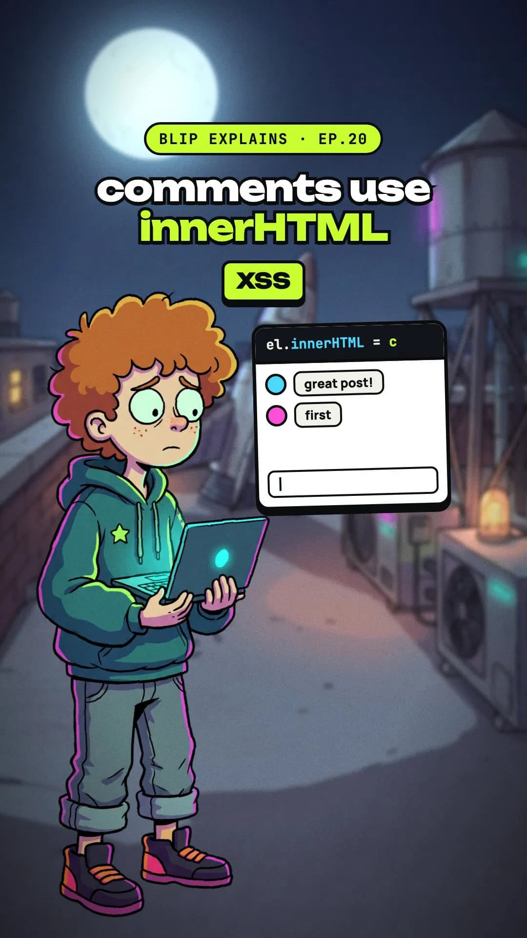 xss, explained with one comment box

rendering comments with innerHTML is fine. i tested it with a script tag and nothin