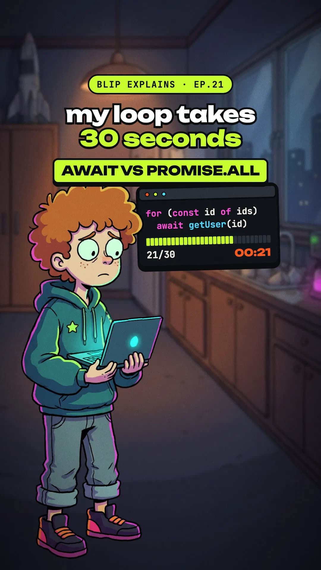 await in a loop vs Promise.all, explained with thirty users

awaiting thirty requests in a loop is fine. it’s the wifi. 