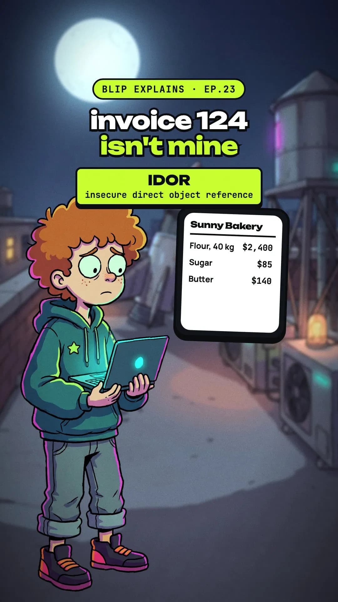 idor, explained with one invoice

changing 123 to 124 is fine. they’re logged in. right? 👾

blip explains ep.23 · next: