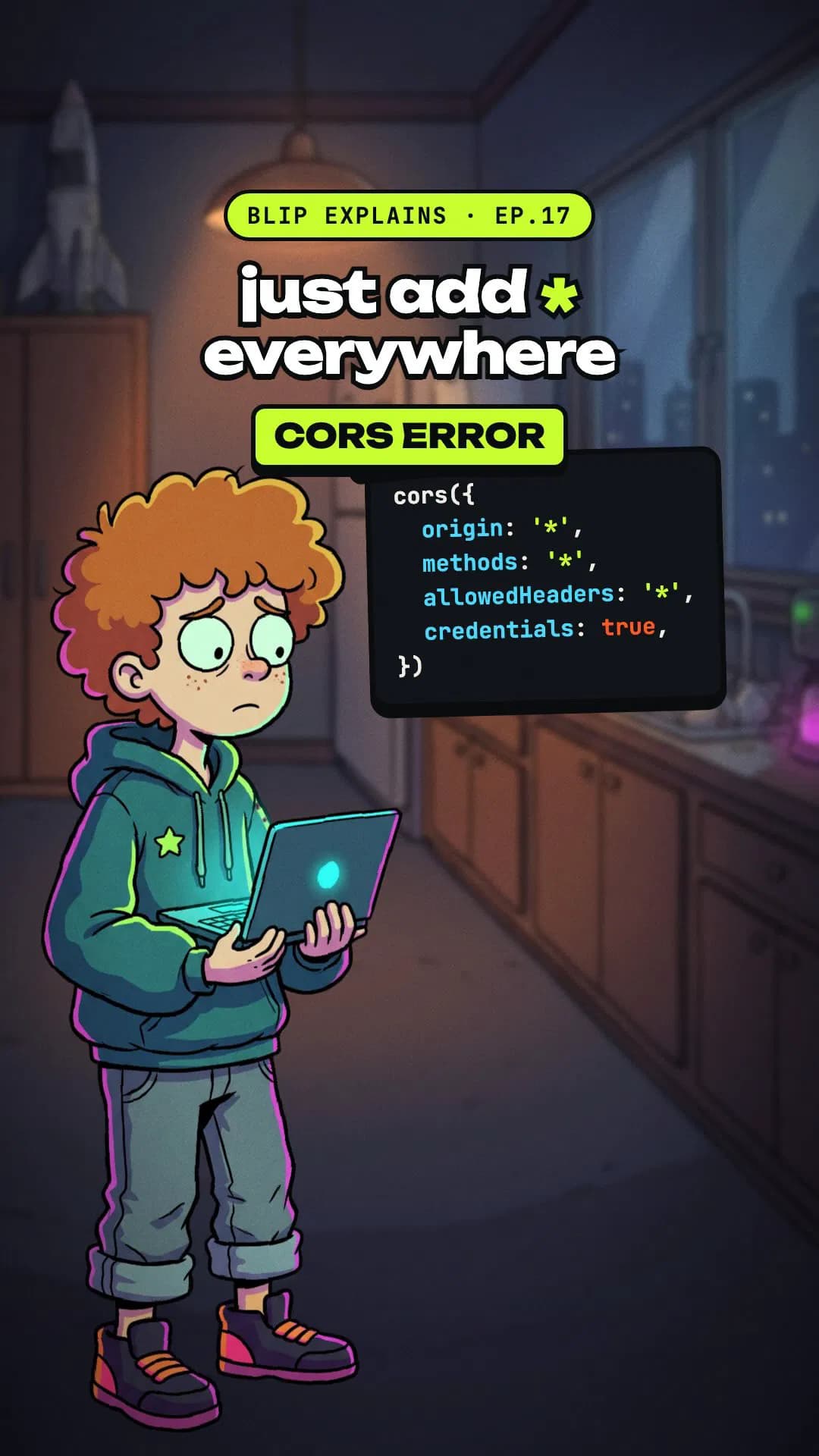 cors errors, explained with one star
putting a * in every cors header is fine. it works in postman. right? 👾

blip expl