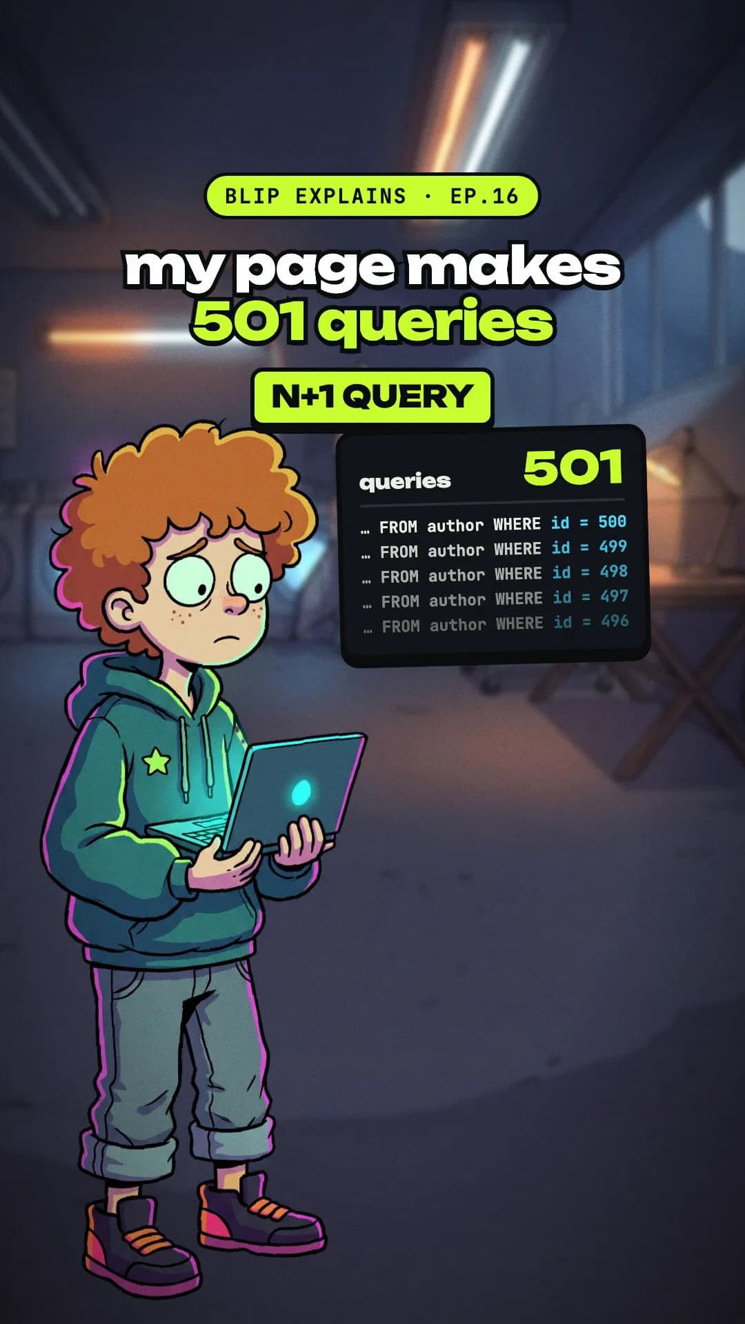 the n+1 query problem, explained with one posts page
501 queries per page is fine. it was fast on my laptop. right? 👾

